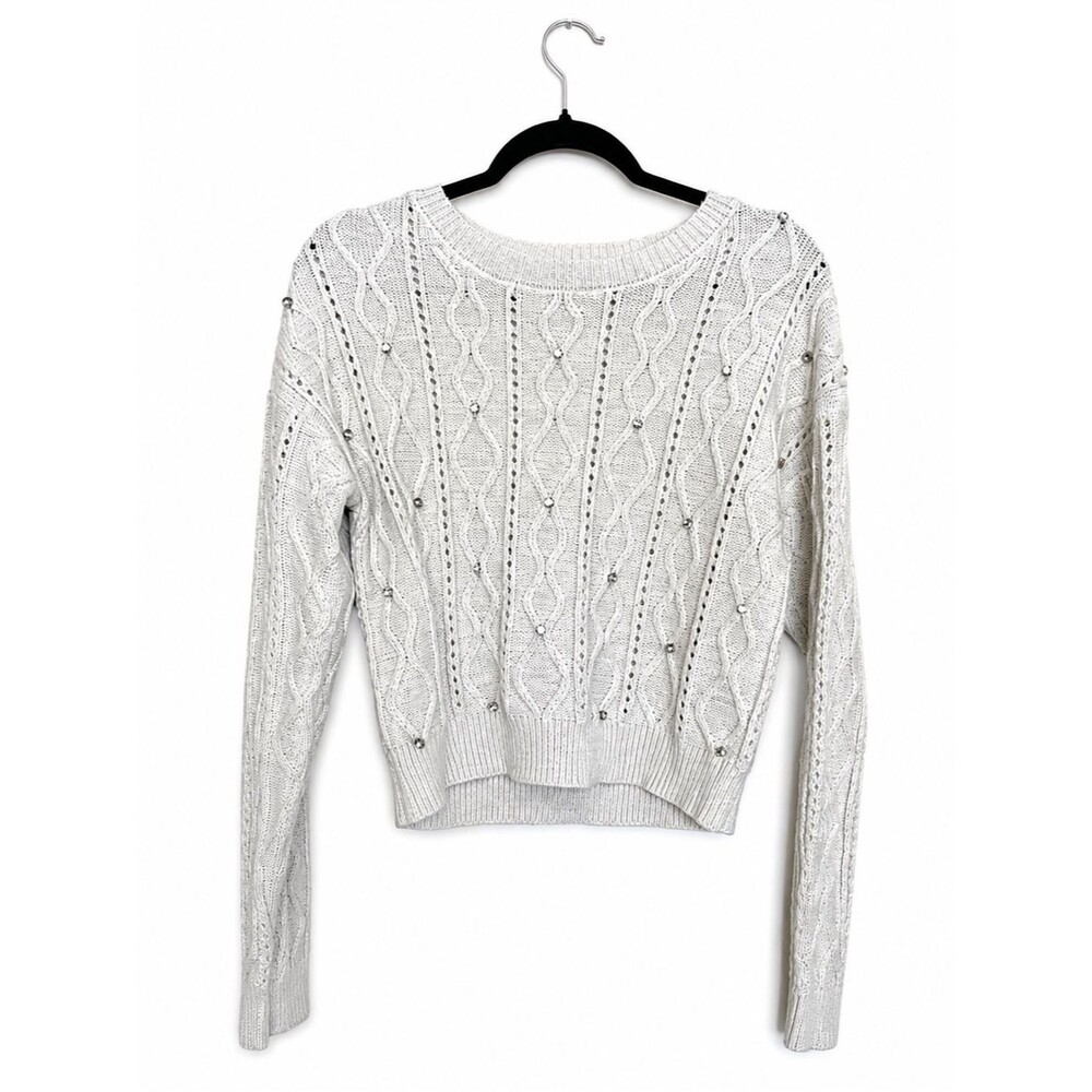 Madden Girl Embellished Cable Knit Sweater Ivory Cropped Pullover Size Medium